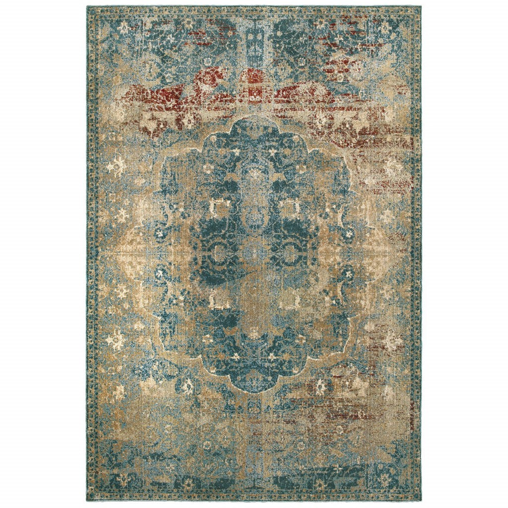 HomeRoots 10' x 13' Sand and Blue Distressed Indoor Area Rug