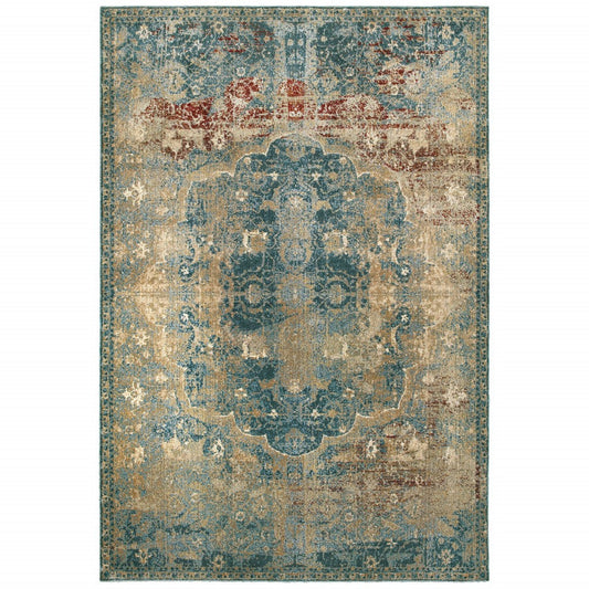 HomeRoots 10' x 13' Sand and Blue Distressed Indoor Area Rug