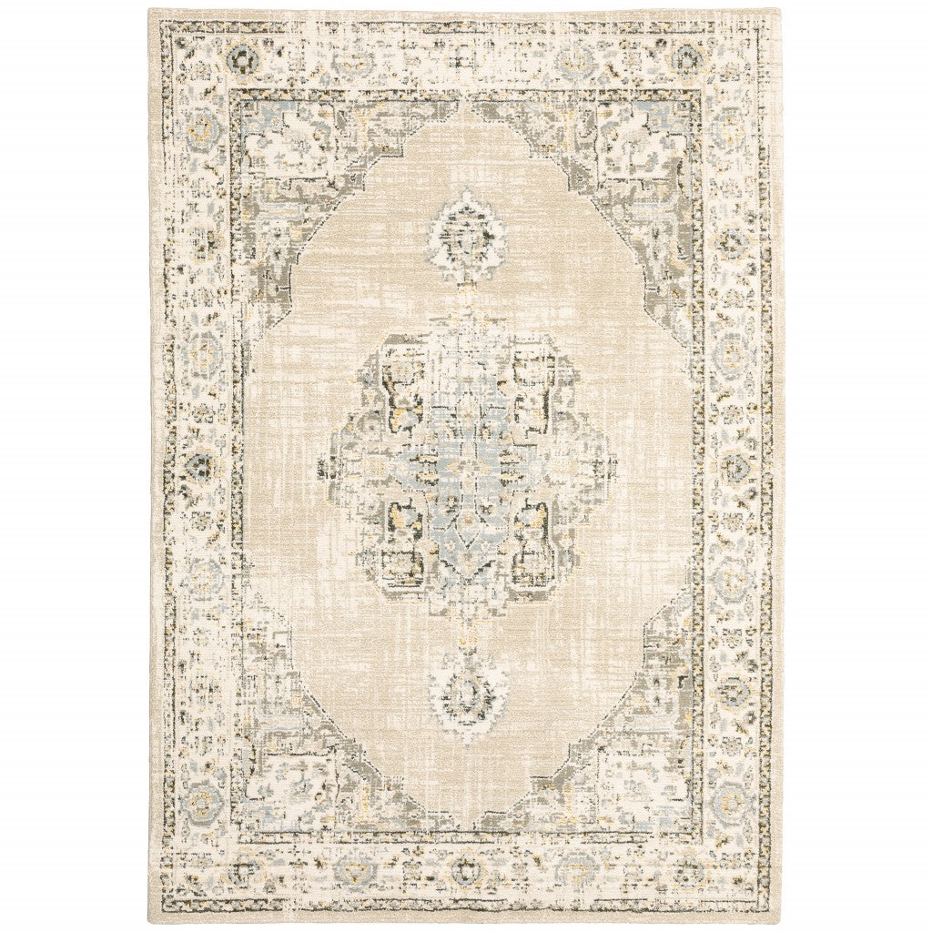 HomeRoots 10' x 14' Beige and Ivory Center Jewel Area Rug