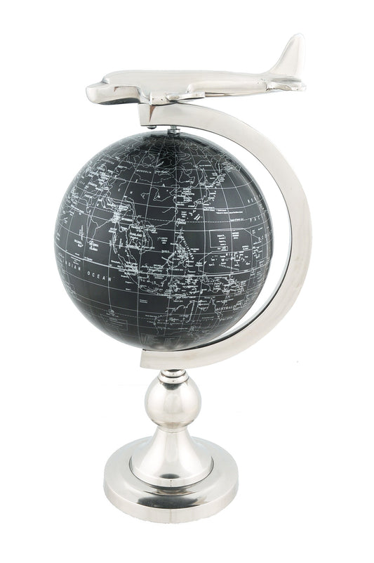 HomeRoots 10" x 8.5" x 18" Airplane On Globe With Brass Stand