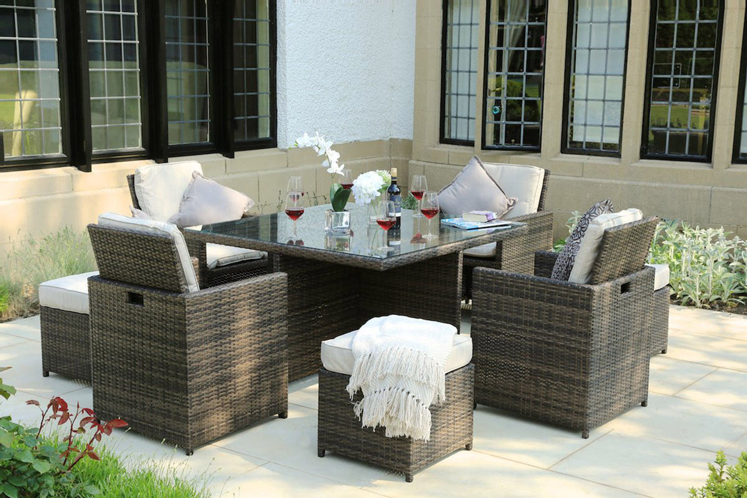 HomeRoots 101" x 49" x 45" Brown Square Outdoor Dining Set With Beige Cushions in Set of Nine