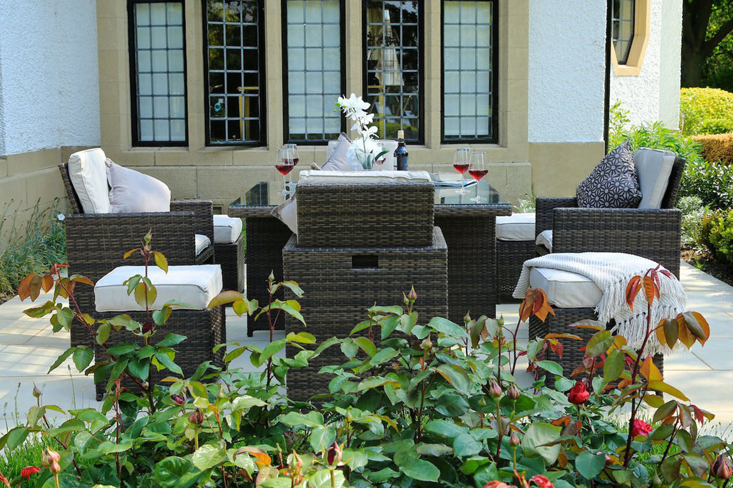 HomeRoots 101" x 49" x 45" Brown Square Outdoor Dining Set With Beige Cushions in Set of Nine