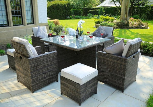 HomeRoots 101" x 49" x 45" Brown Square Outdoor Dining Set With Beige Cushions in Set of Nine