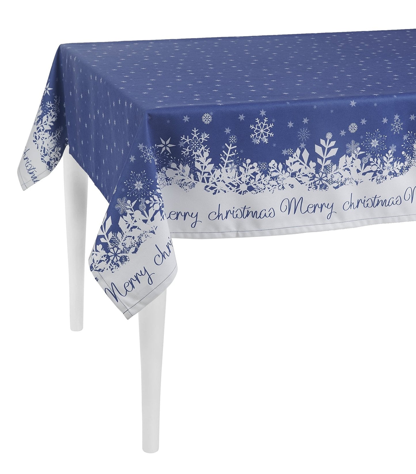 HomeRoots 104" Merry Christmas Printed Rectangle Tablecloth in Blue