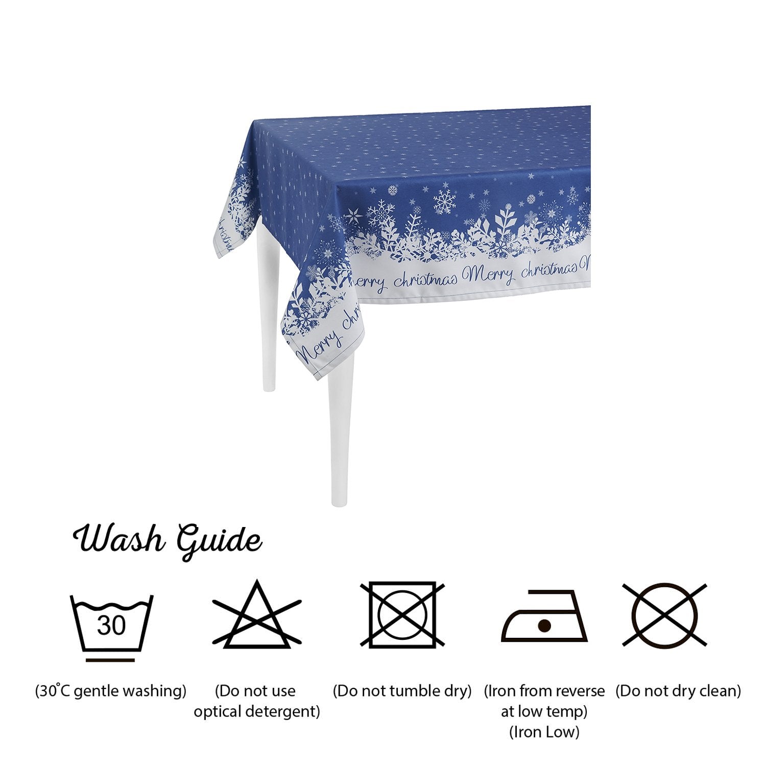 HomeRoots 104" Merry Christmas Printed Rectangle Tablecloth in Blue