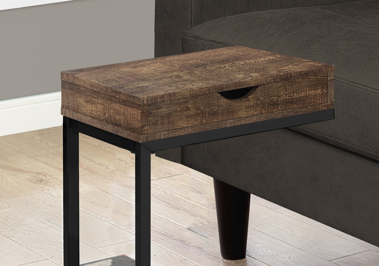 HomeRoots 10.25" x 15.75" x 24.5" Brown Drawer and Black Metal Accent Table