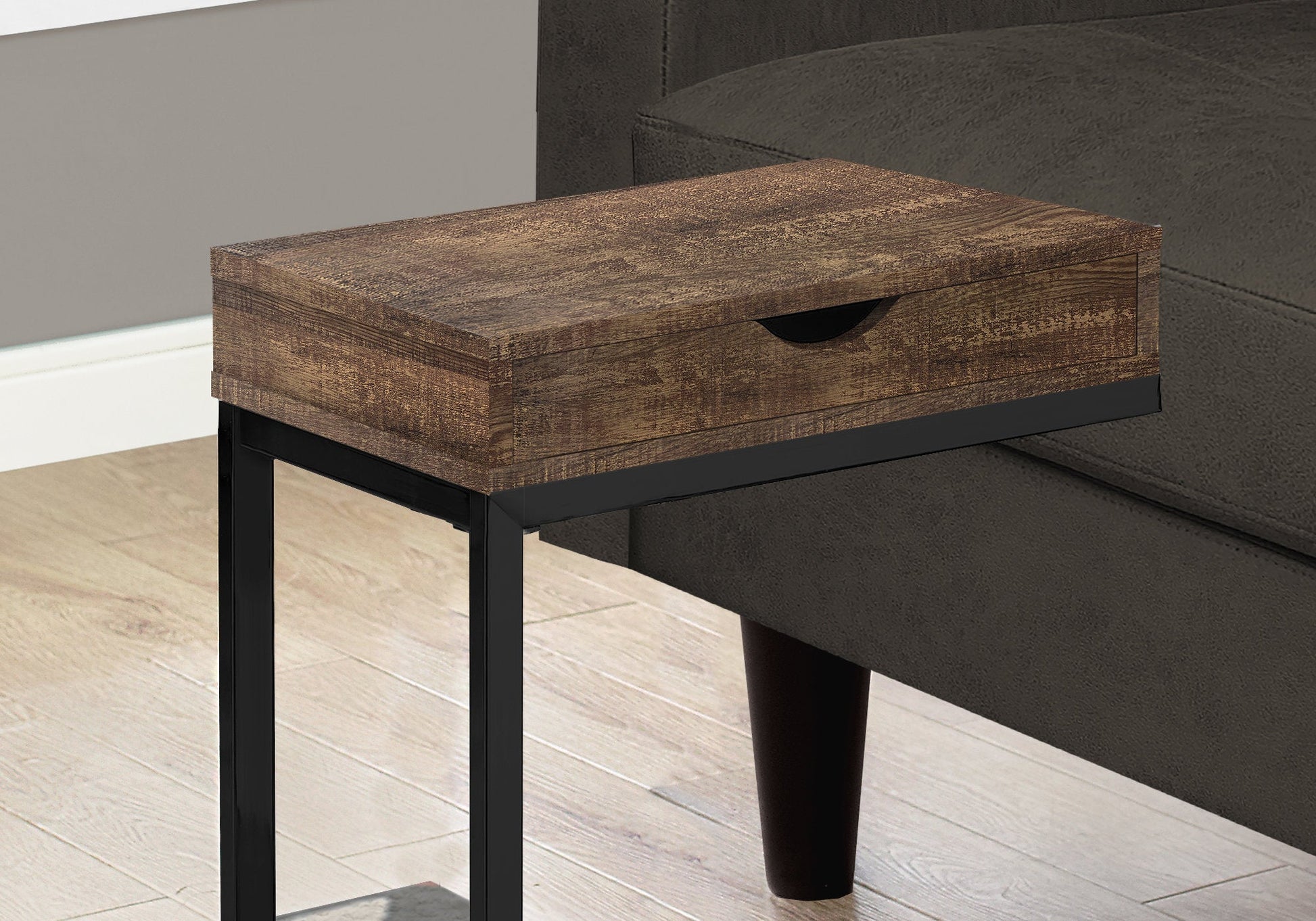 HomeRoots 10.25" x 15.75" x 24.5" Brown Drawer and Black Metal Accent Table