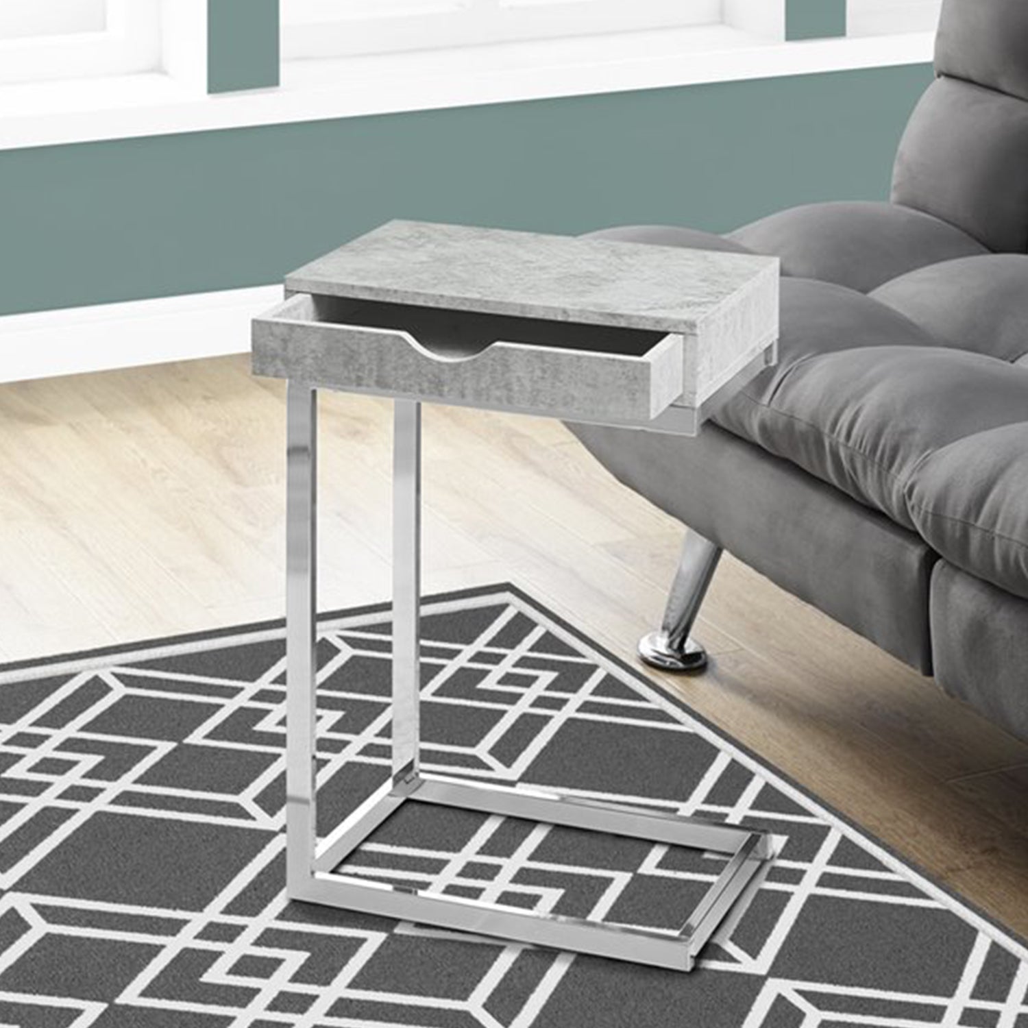 HomeRoots 10.25" x 15.75" x 24.5" Laminated Metal Accent Table in Grey Finish