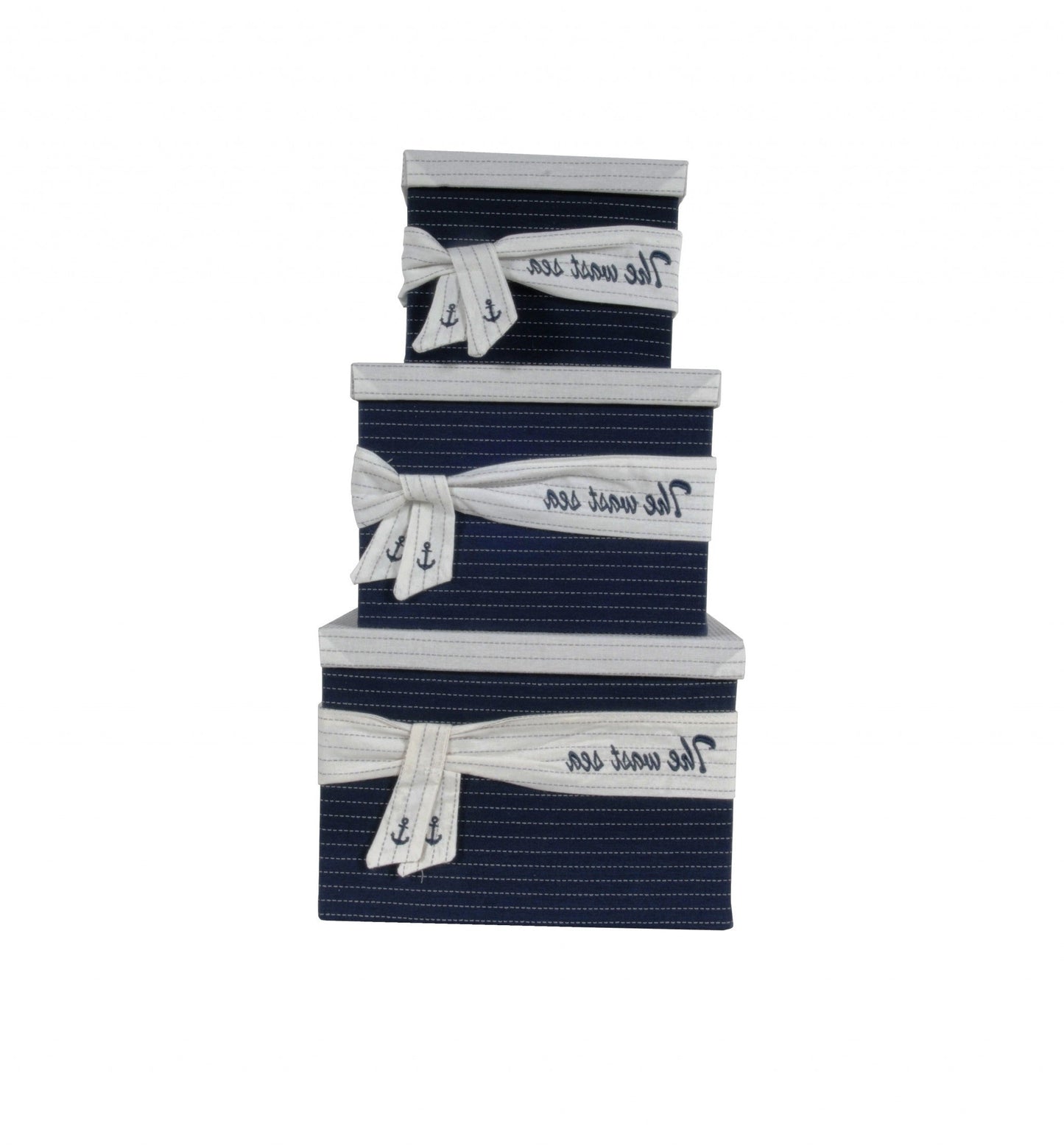 HomeRoots 11.5" x 12" x 8.5" White Blue Fabric Boxes With Cover Set of 3
