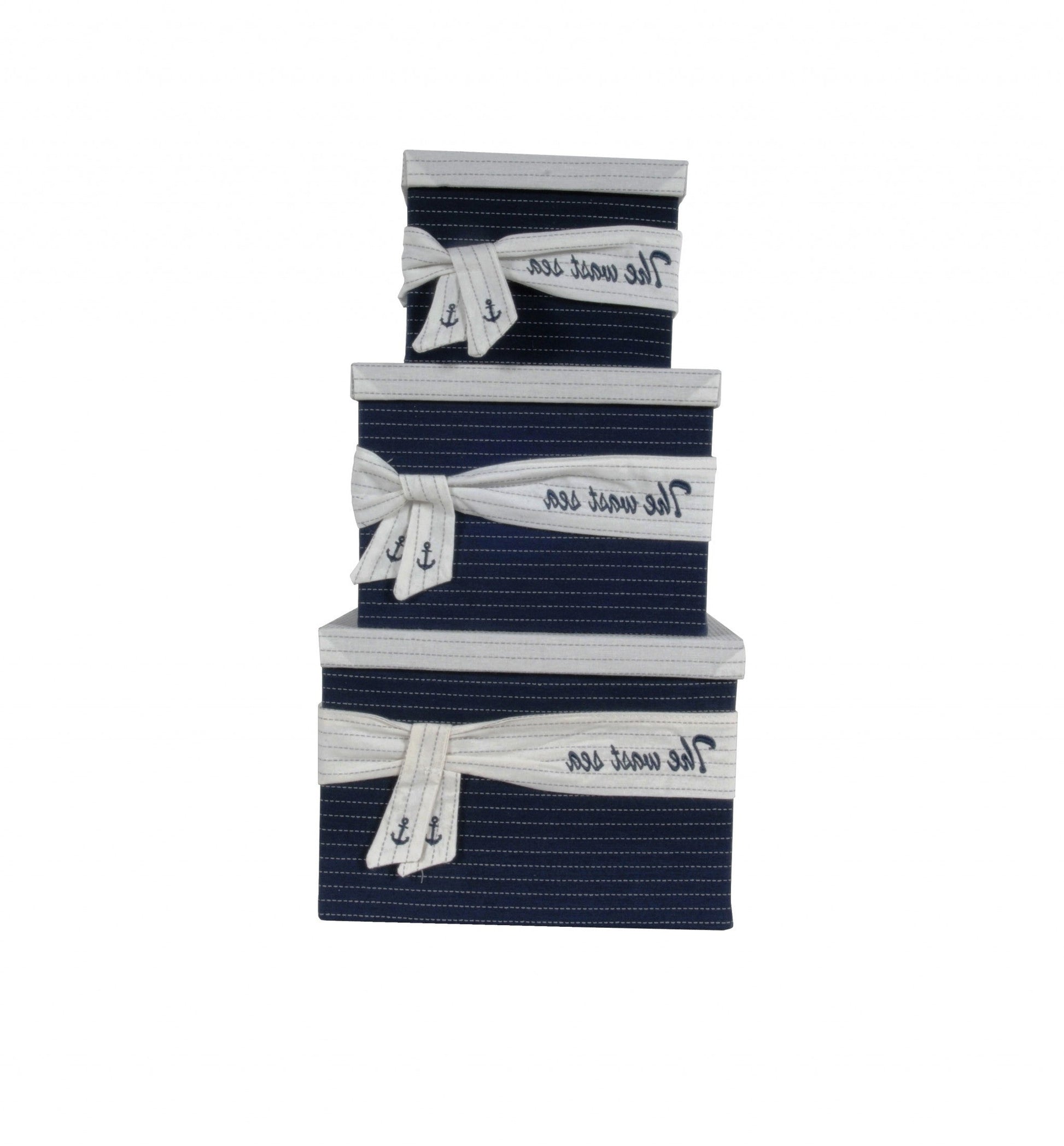HomeRoots 11.5" x 12" x 8.5" White Blue Fabric Boxes With Cover Set of 3