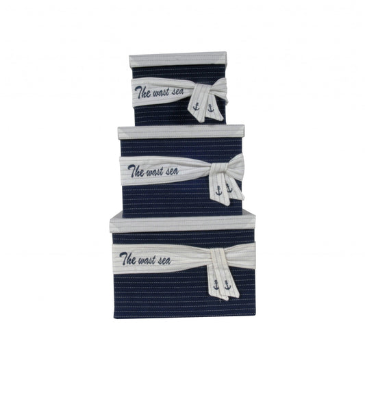 HomeRoots 11.5" x 12" x 8.5" White Blue Fabric Boxes With Cover Set of 3