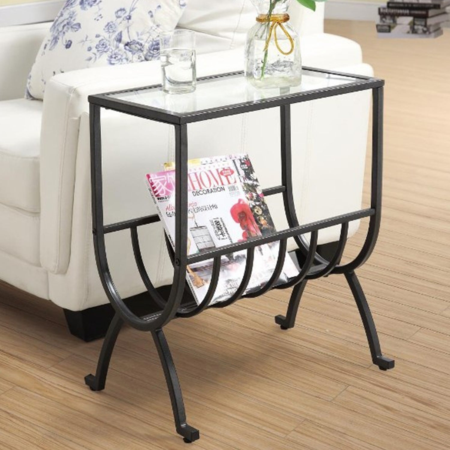HomeRoots 11.5" x 18.25" x 22" Clear Metal Tempered Glass Accent Table in Brown Finish