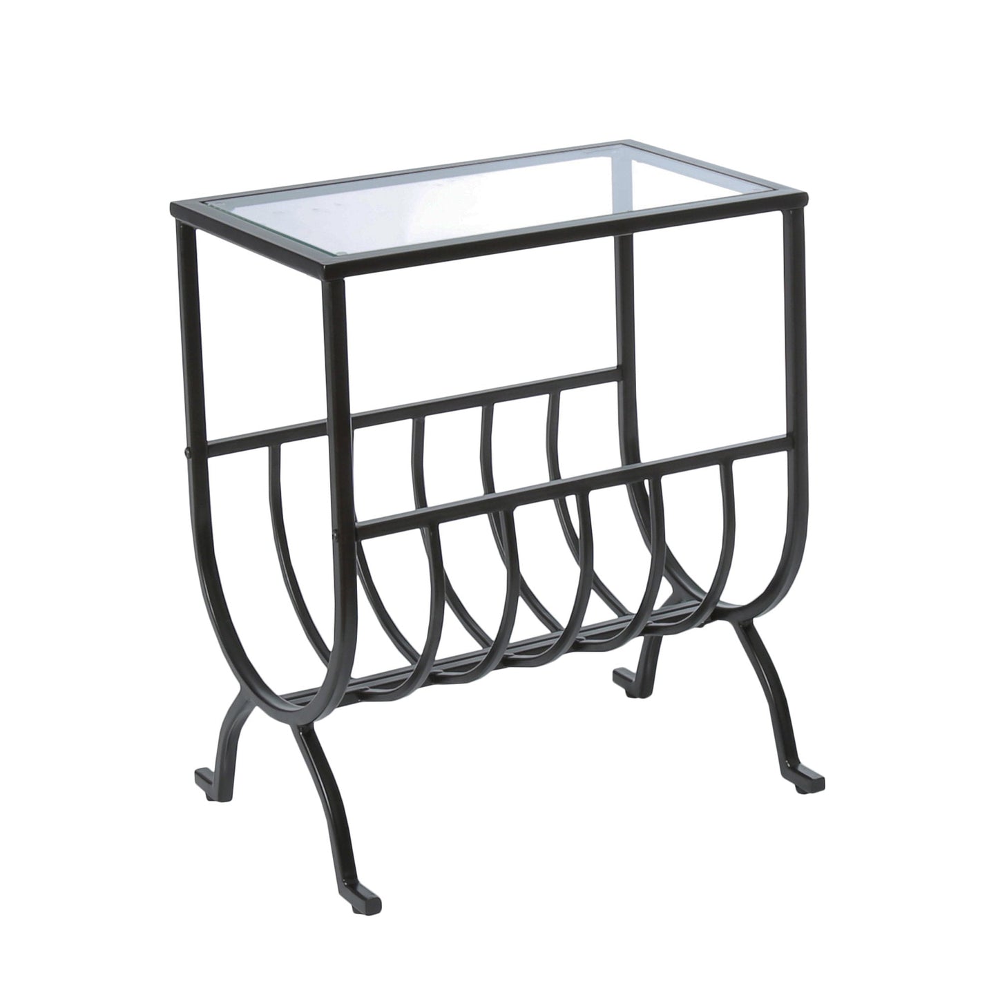 HomeRoots 11.5" x 18.25" x 22" Clear Metal Tempered Glass Accent Table in Brown Finish