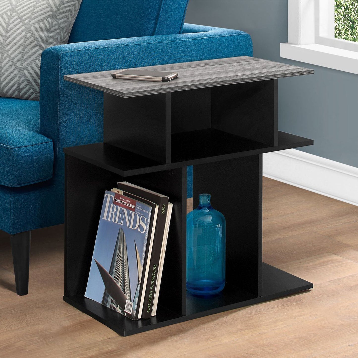 HomeRoots 11.75" x 23.75" x 23.75" Particle Board Laminate Accent Table With Black and Grey Finish