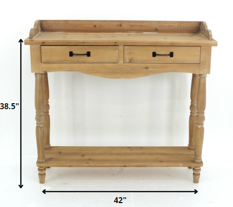 HomeRoots 11.75" x 42" x 38.5" Natural Rustic Unfinished Dressing End Table With 2 Drawers