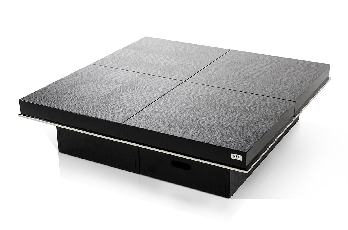 HomeRoots 12' Black Gloss Coffee Table with Pull Out Squares