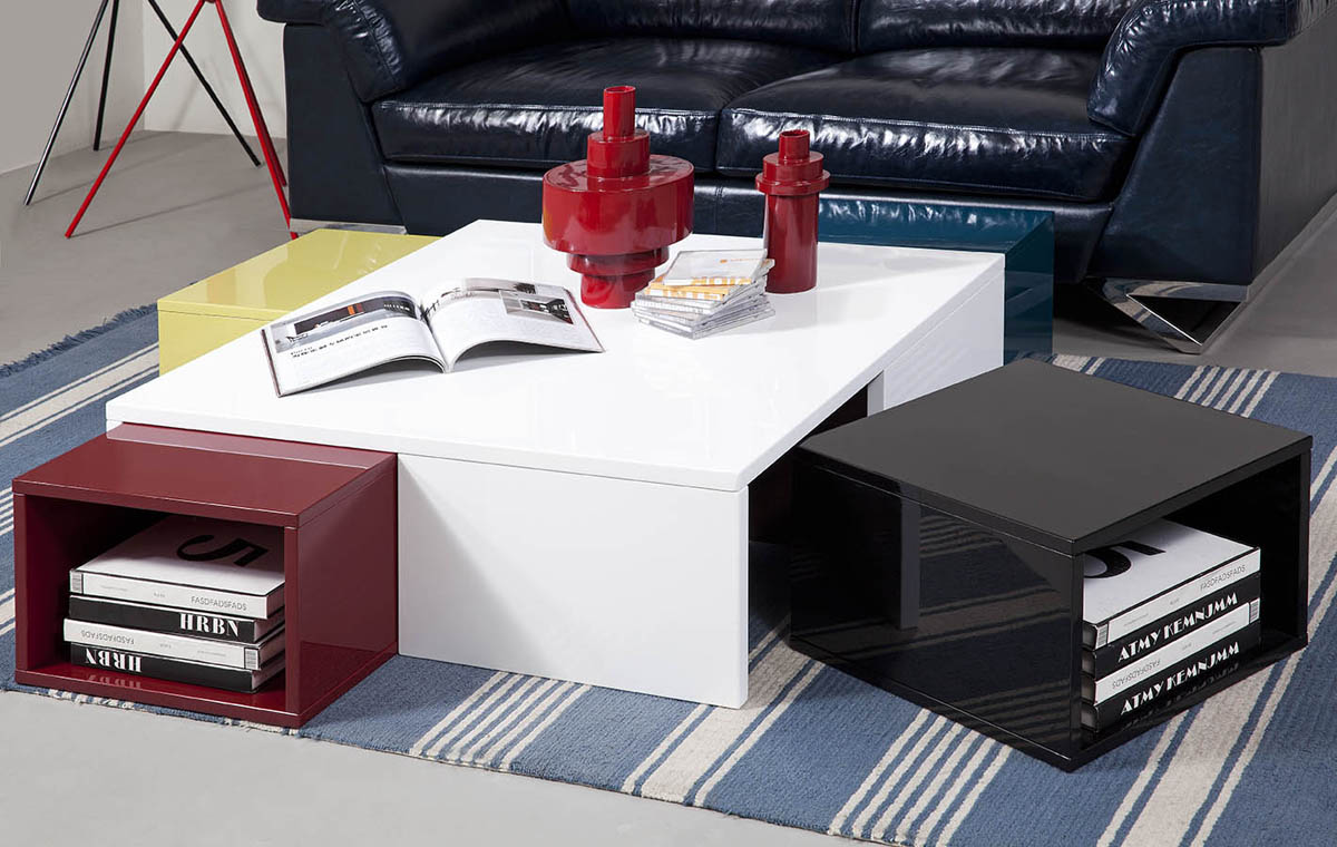 HomeRoots 12" Coffee Table With Colored Stools in Glossy White Finish