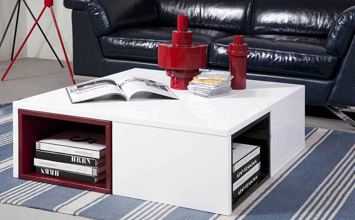 HomeRoots 12" Coffee Table With Colored Stools in Glossy White Finish