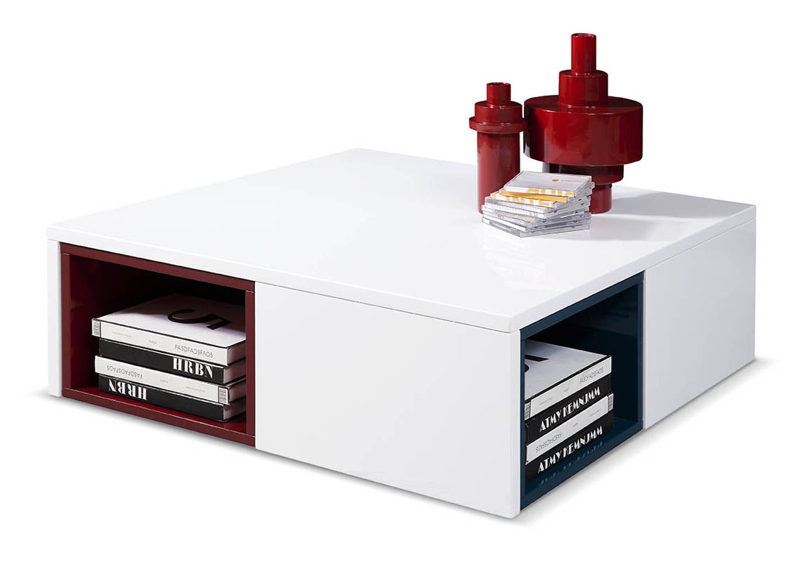 HomeRoots 12" Coffee Table With Colored Stools in Glossy White Finish