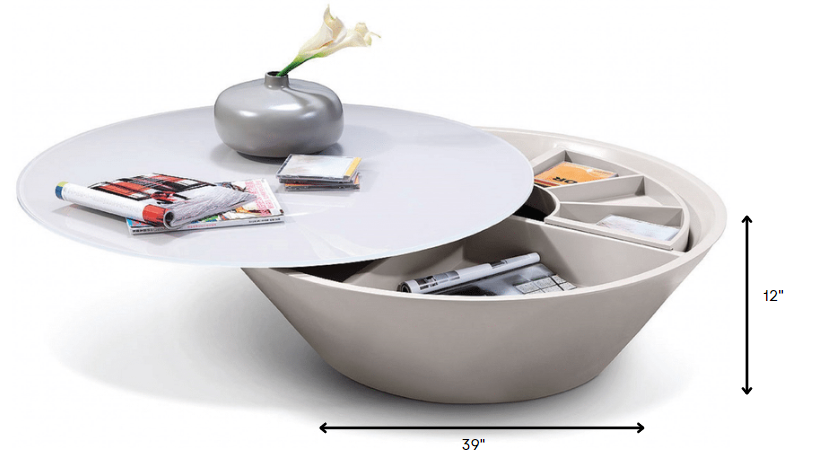 HomeRoots 12" Glass Coffee Table With Swivel Compartment in Grey Finish