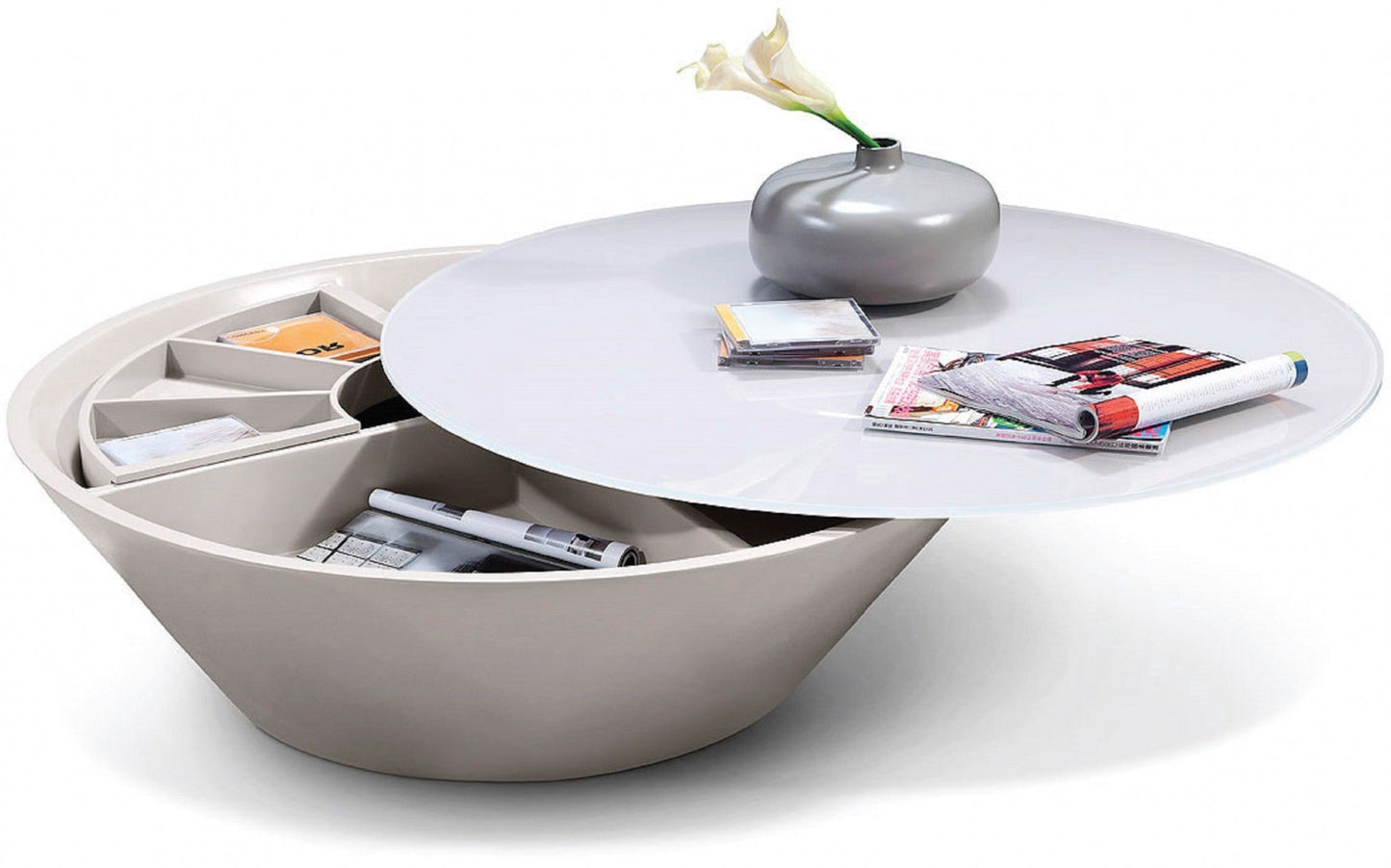 HomeRoots 12" Glass Coffee Table With Swivel Compartment in Grey Finish