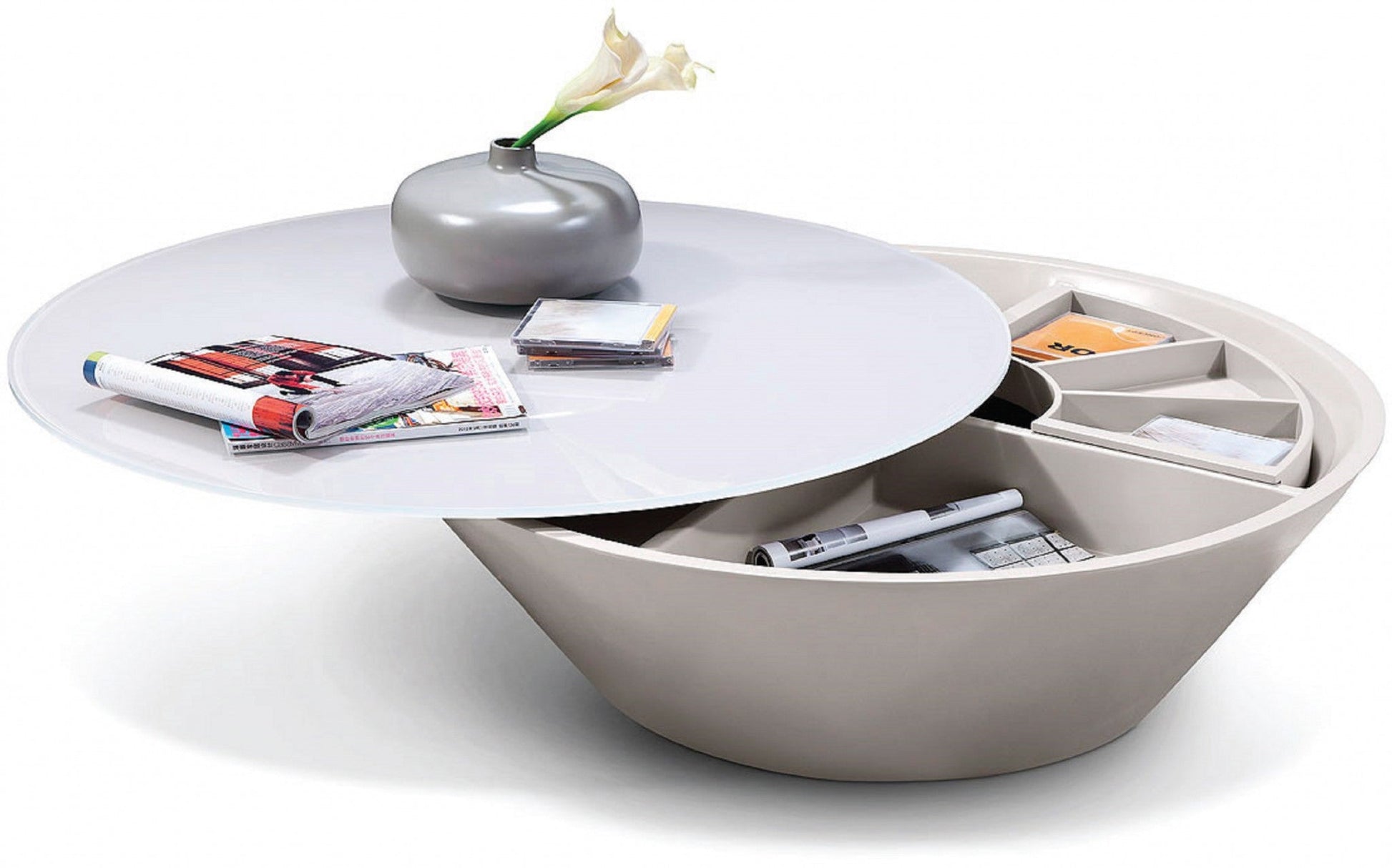 HomeRoots 12" Glass Coffee Table With Swivel Compartment in Grey Finish