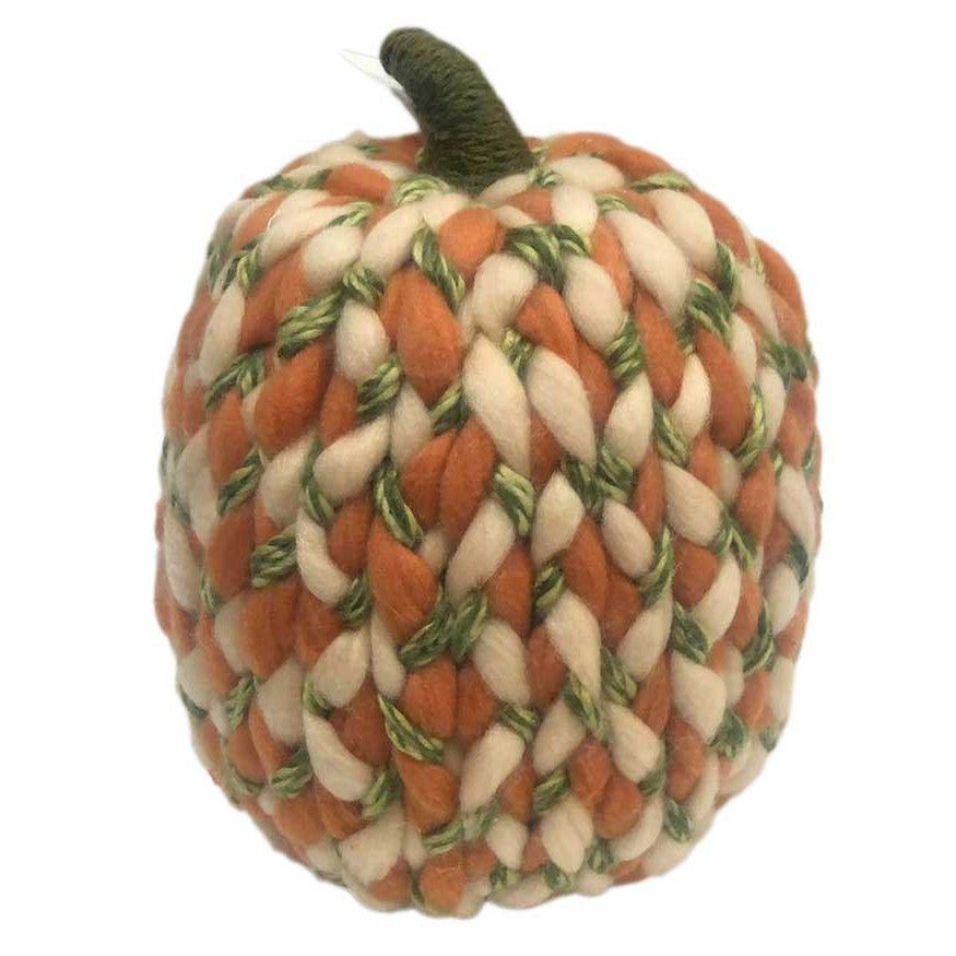 HomeRoots 12" Ivory Green and Orange Chunky Knit Pumpkin Sculpture