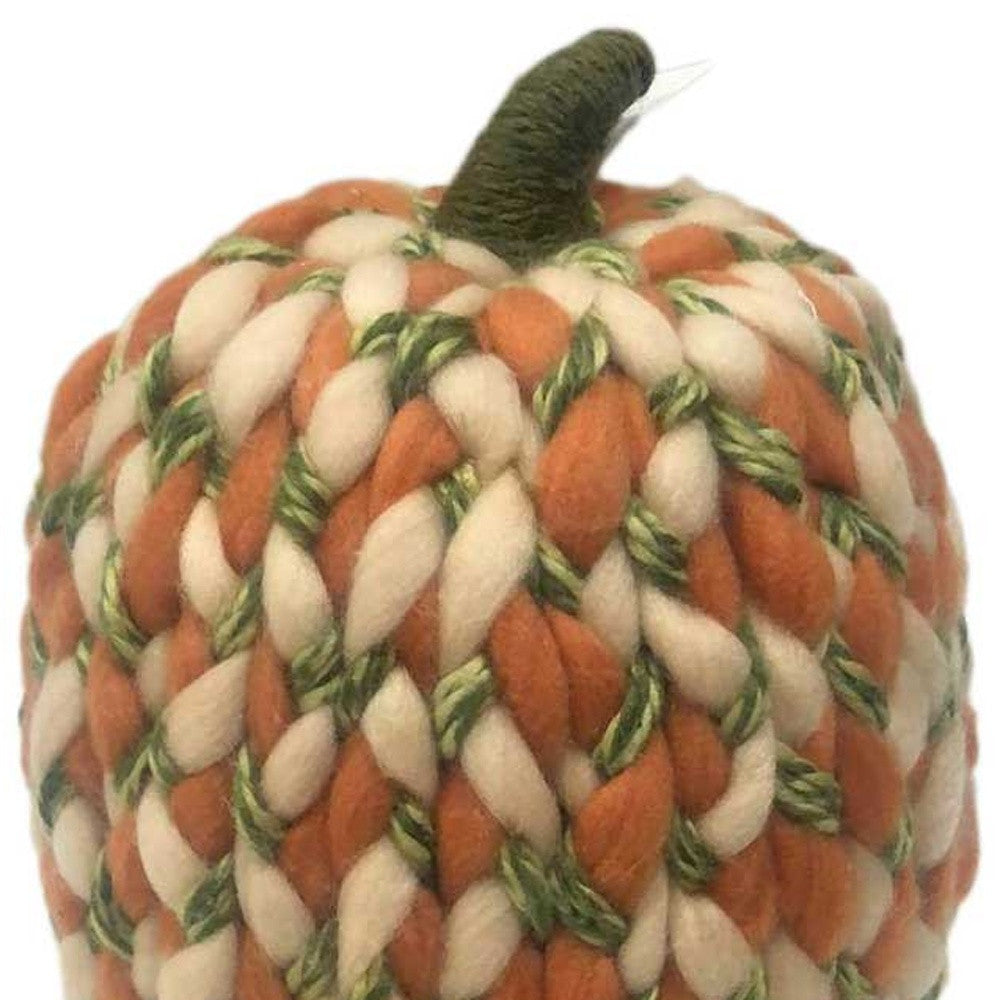 HomeRoots 12" Ivory Green and Orange Chunky Knit Pumpkin Sculpture