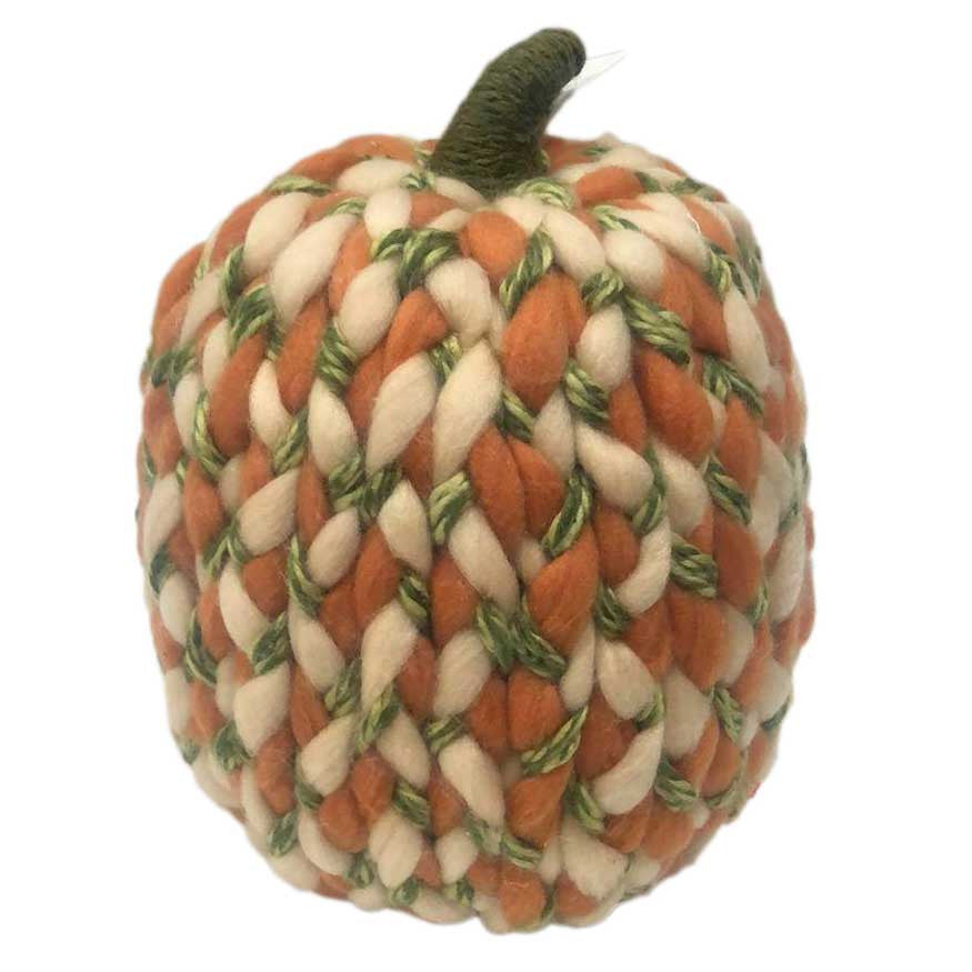 HomeRoots 12" Ivory Green and Orange Chunky Knit Pumpkin Sculpture
