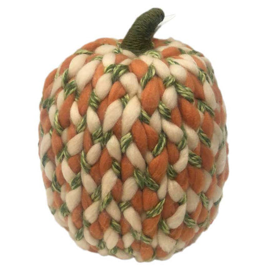 HomeRoots 12" Ivory Green and Orange Chunky Knit Pumpkin Sculpture