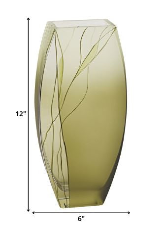 HomeRoots 12 Mouth Blown European Made Green Glass Hand Decorated Vase