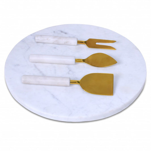 HomeRoots 12" Round Marble Cheese Board And Knife Set in White Finish