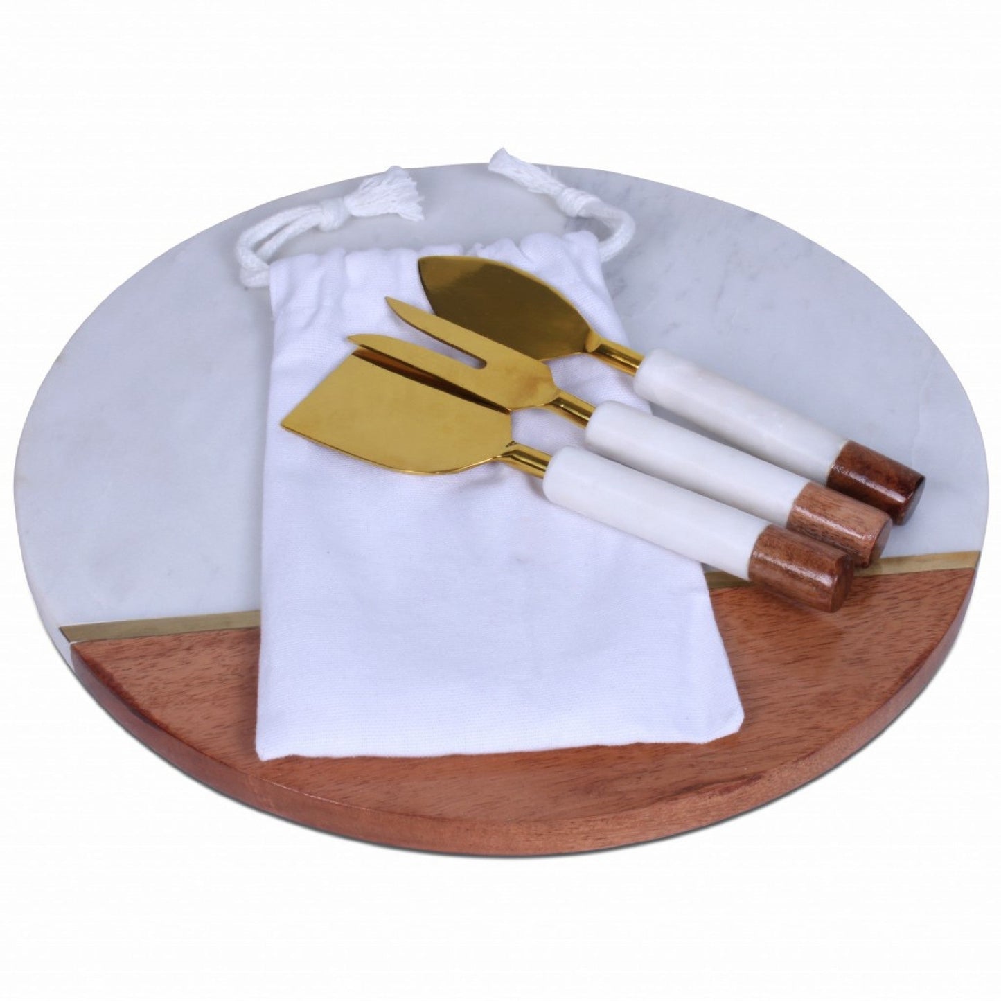 HomeRoots 12" Wood And Marble And Gold Cheese Board And Knife Set