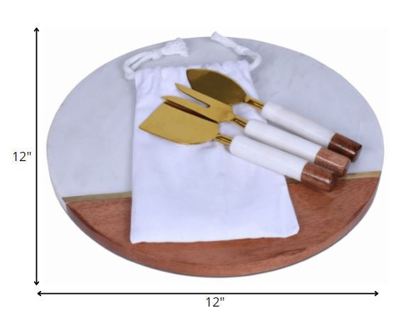 HomeRoots 12" Wood And Marble And Gold Cheese Board And Knife Set