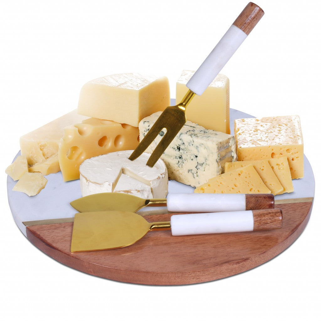 HomeRoots 12" Wood And Marble And Gold Cheese Board And Knife Set