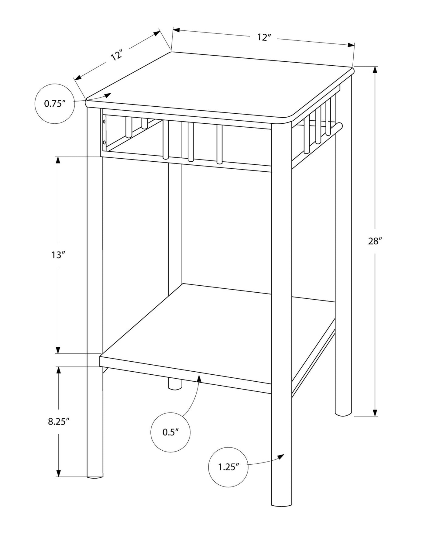 HomeRoots 12" x 12" x 28" MDF Metal Accent Table With Black and Silver Finish