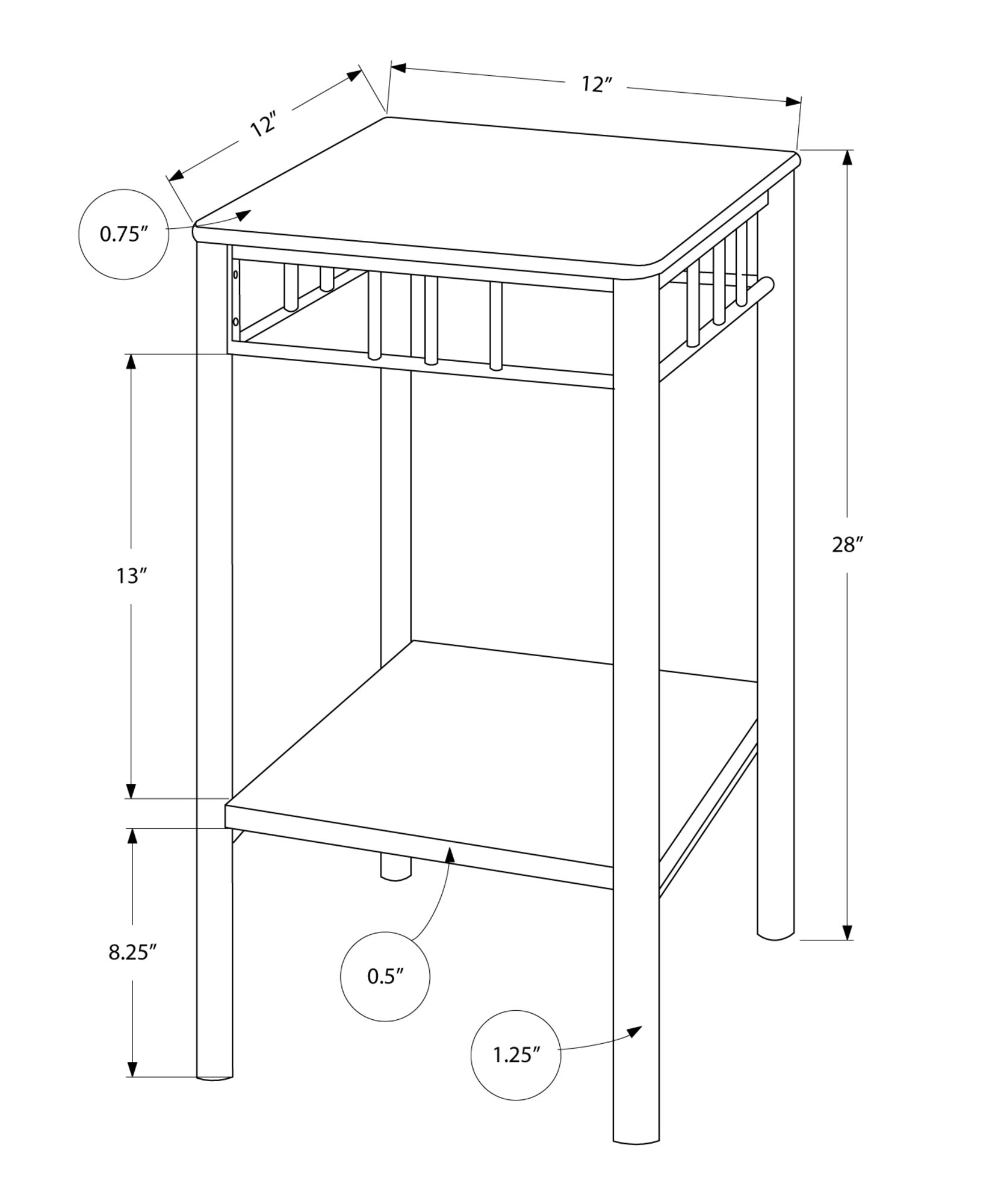 HomeRoots 12" x 12" x 28" MDF Metal Accent Table With Black and Silver Finish