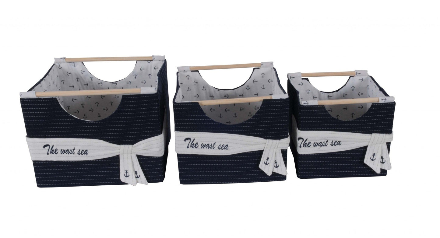 HomeRoots 12" x 12.5" x 9.5" White Blue Foldable Fabric Basket Set of 3
