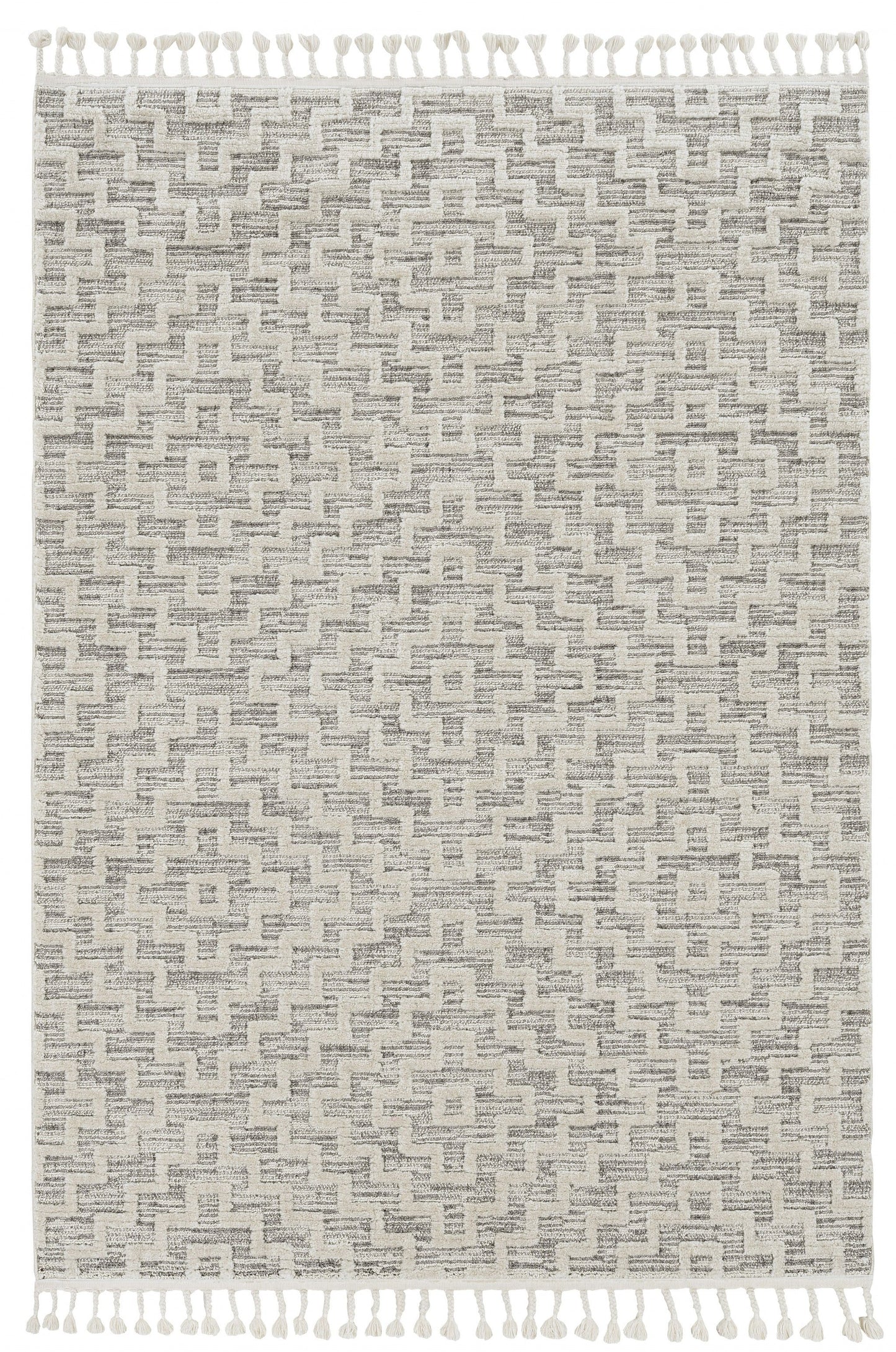 HomeRoots 12' x 15' Ivory Grey Machine Woven Diamond Pattern With Fringe Indoor Area Rug