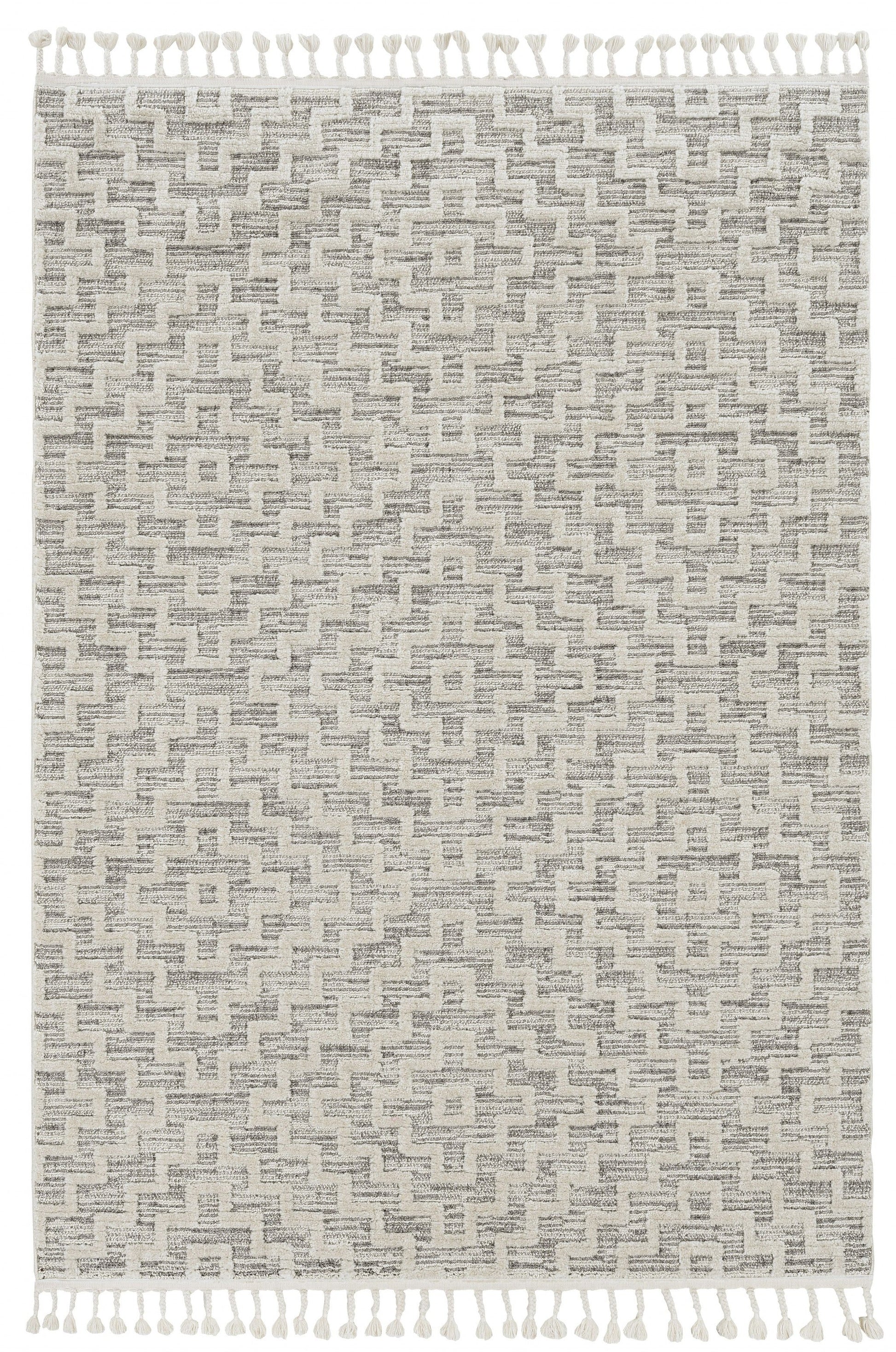 HomeRoots 12' x 15' Ivory Grey Machine Woven Diamond Pattern With Fringe Indoor Area Rug