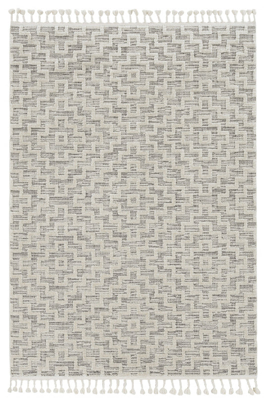HomeRoots 12' x 15' Ivory Grey Machine Woven Diamond Pattern With Fringe Indoor Area Rug