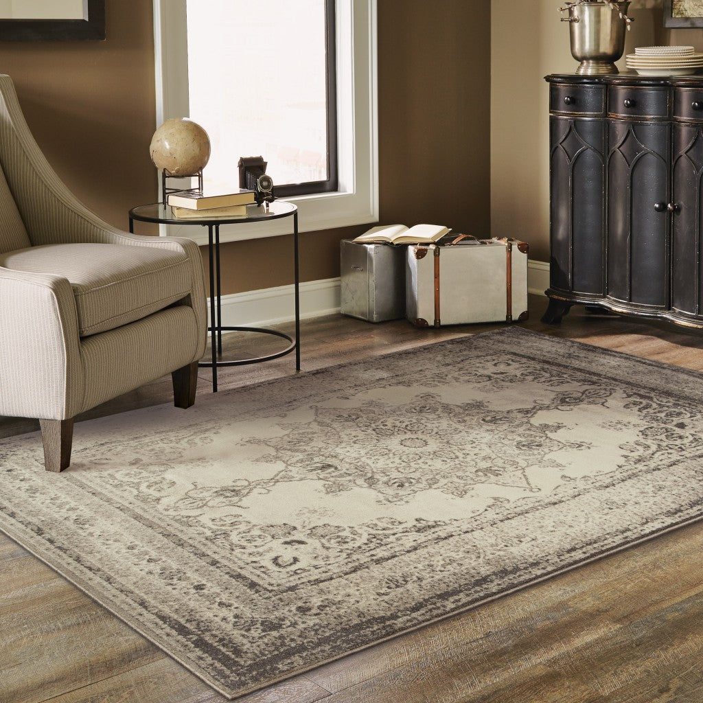 HomeRoots 12' x 15' Ivory and Gray Pale Medallion Area Rug