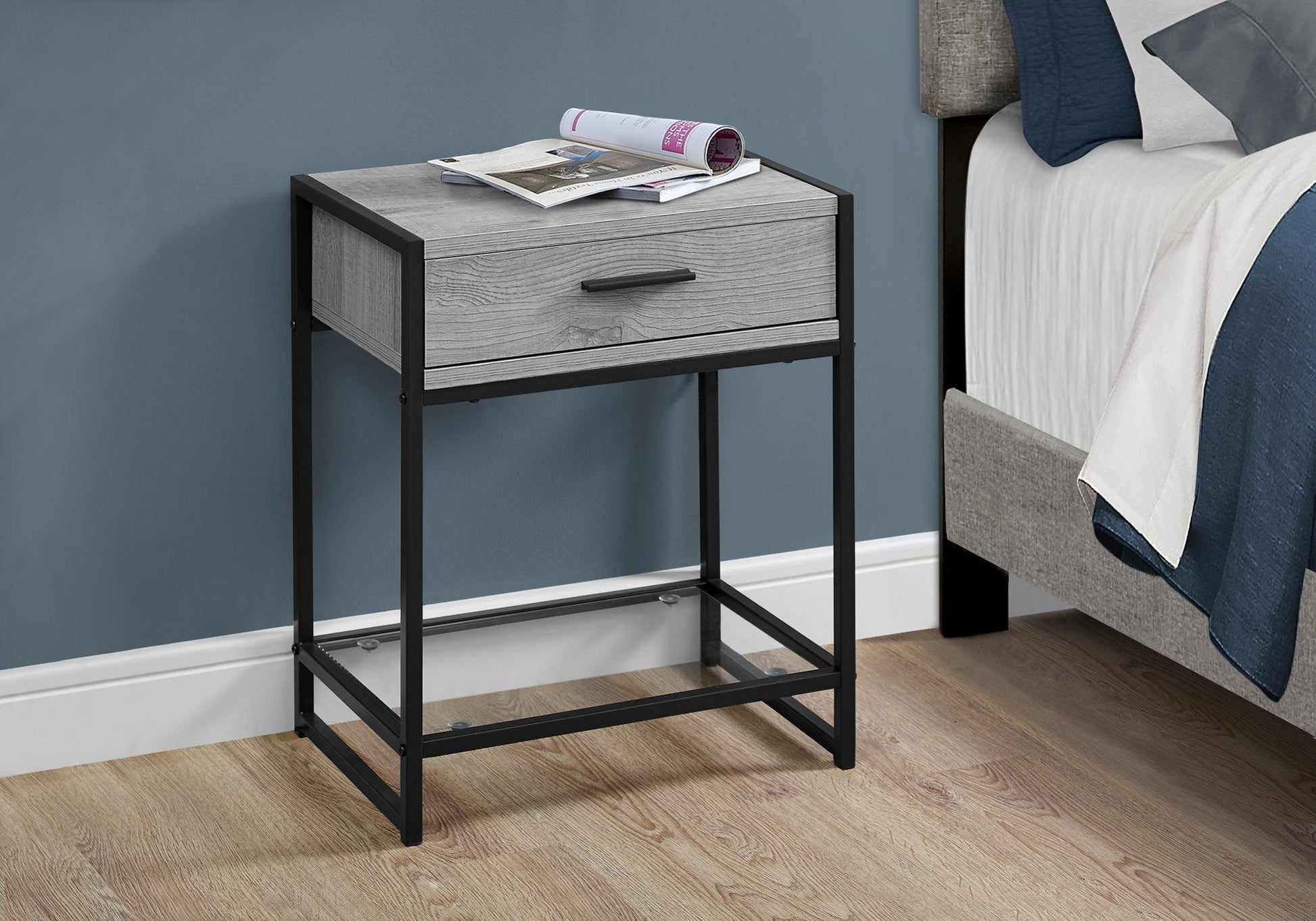 HomeRoots 12" x 18" x 22" Grey Tempered Glass Accent Table With Black Metal Base Finish