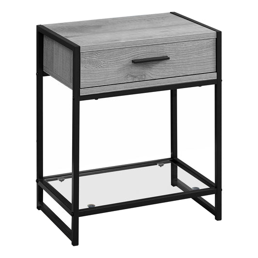 HomeRoots 12" x 18" x 22" Grey Tempered Glass Accent Table With Black Metal Base Finish