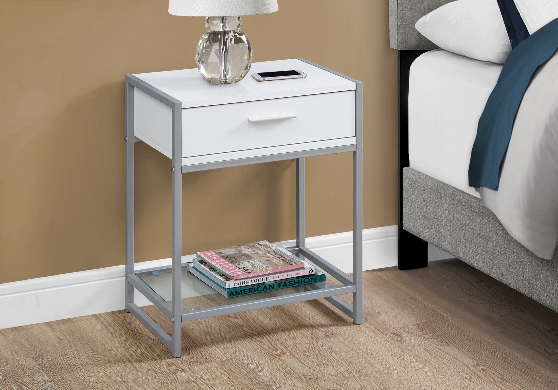 HomeRoots 12" x 18" x 22.25" White Clear Silver Metal Tempered Glass Accent Table