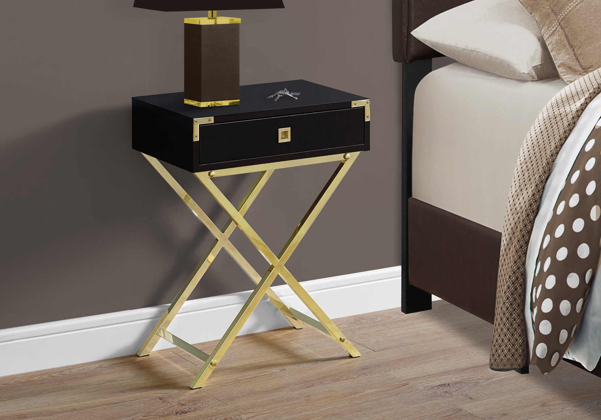 HomeRoots 12" x 18.25" x 24" Cappuccino Finish and Gold Metal Accent Table
