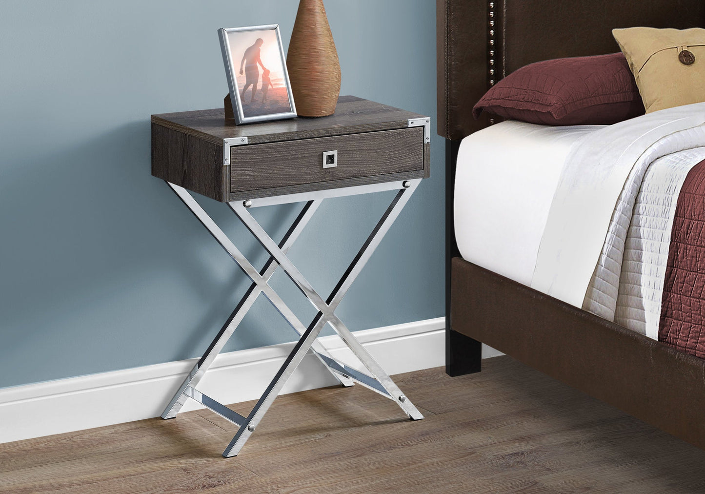 HomeRoots 12" x 18.25" x 24" Dark Taupe Finish and Chrome Metal Accent Table