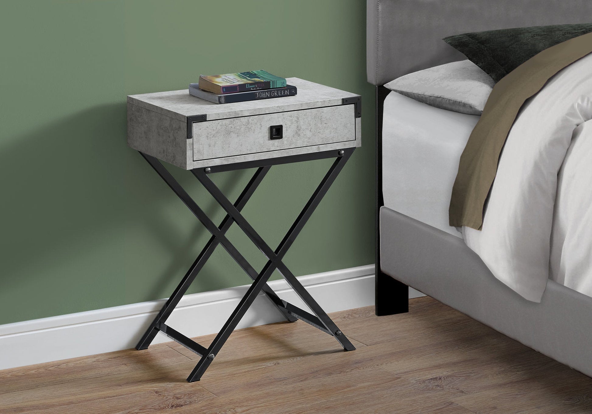 HomeRoots 12" x 18.25" x 24" Grey Cement Finish and Black Nickel Metal Accent Table