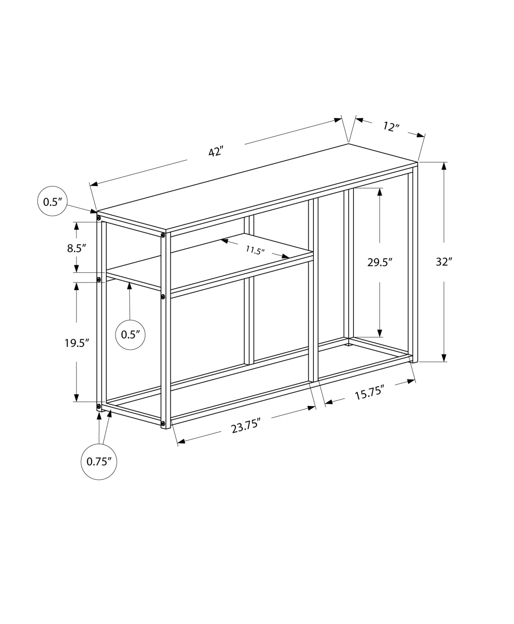 HomeRoots 12" x 42" x 32" Black Metal Accent Table