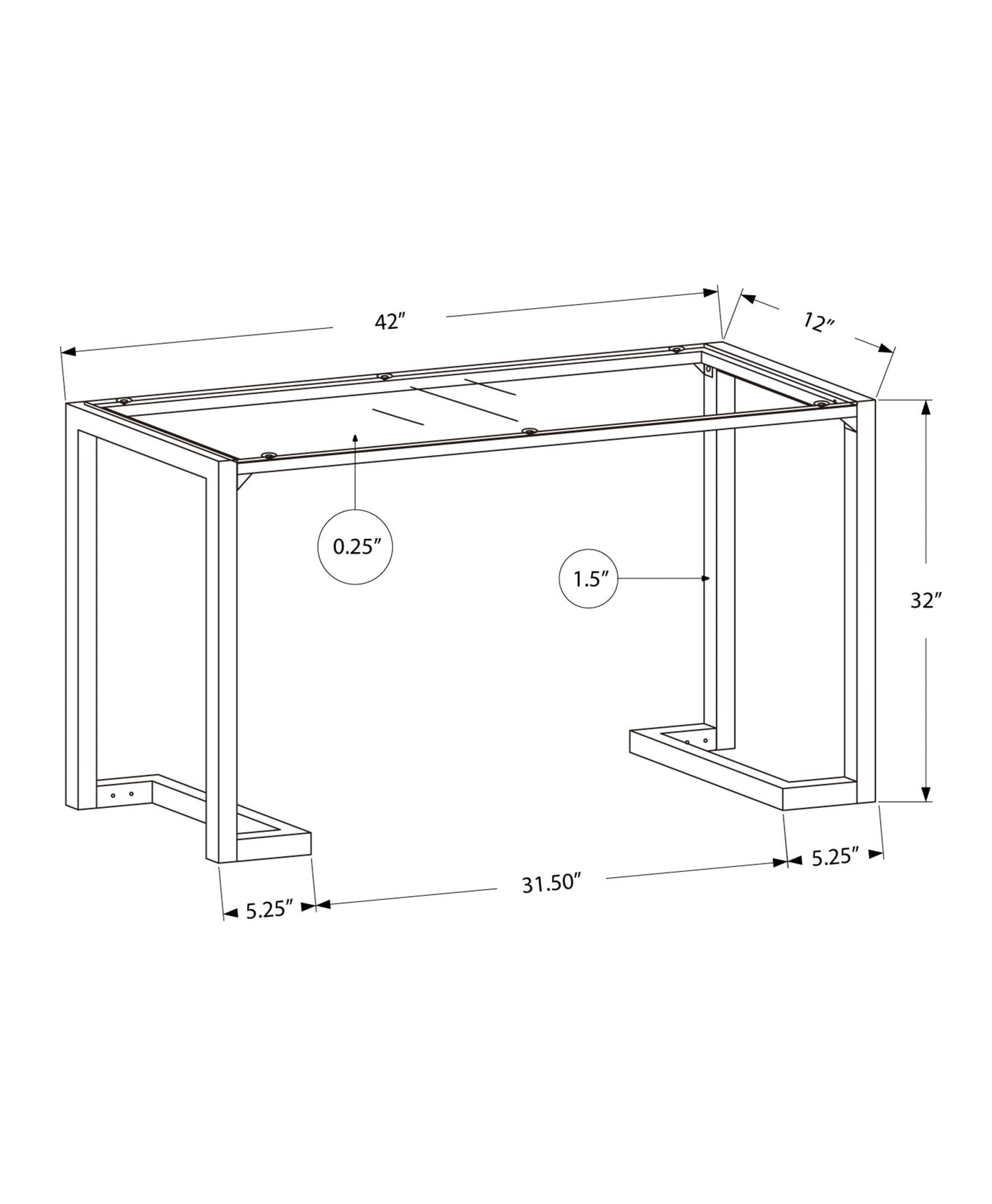 HomeRoots 12" x 42" x 32" Tempered Glass Accent Table With Black Metal Base